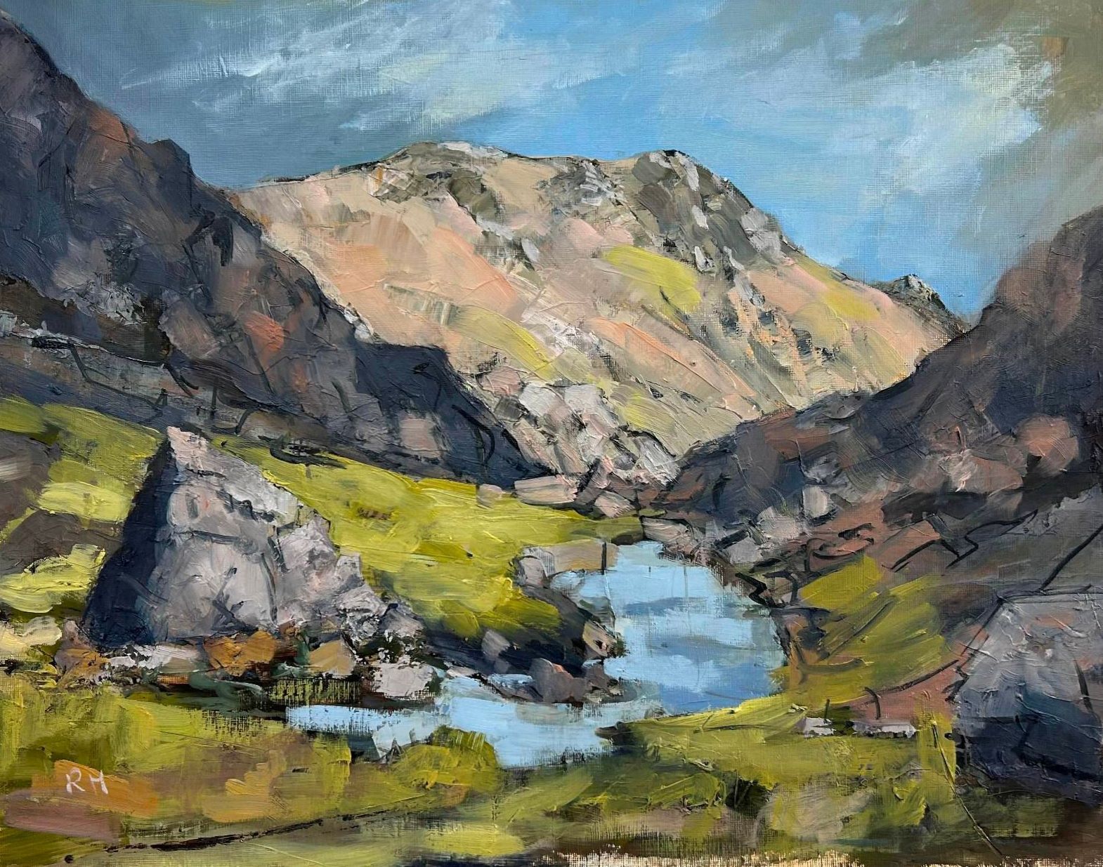 A painting of a mountain valley with a lake in the middle.