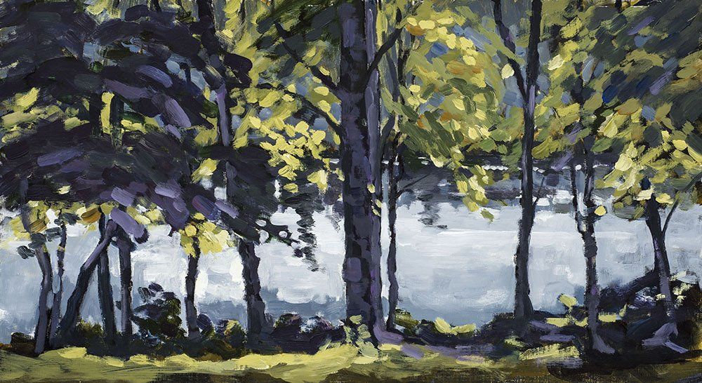 A painting of a forest with trees and a lake in the background.