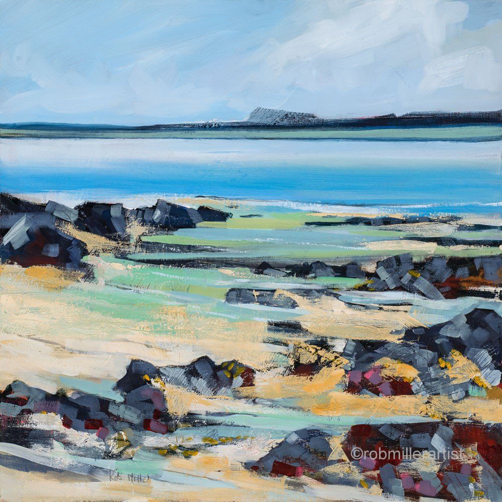 A painting of a beach with rocks and a body of water