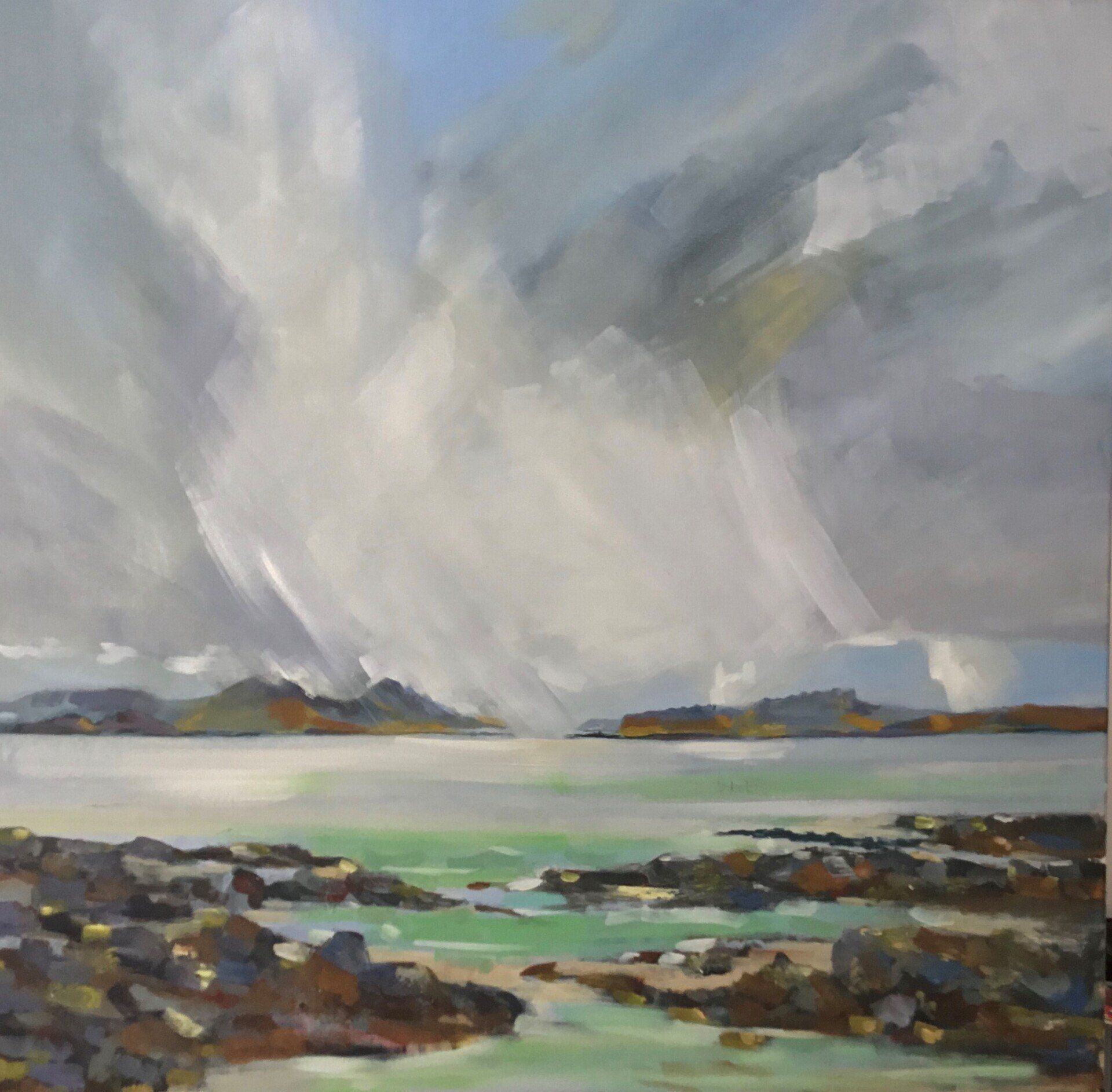 A painting of a cloudy sky over a body of water with rocks in the foreground.
