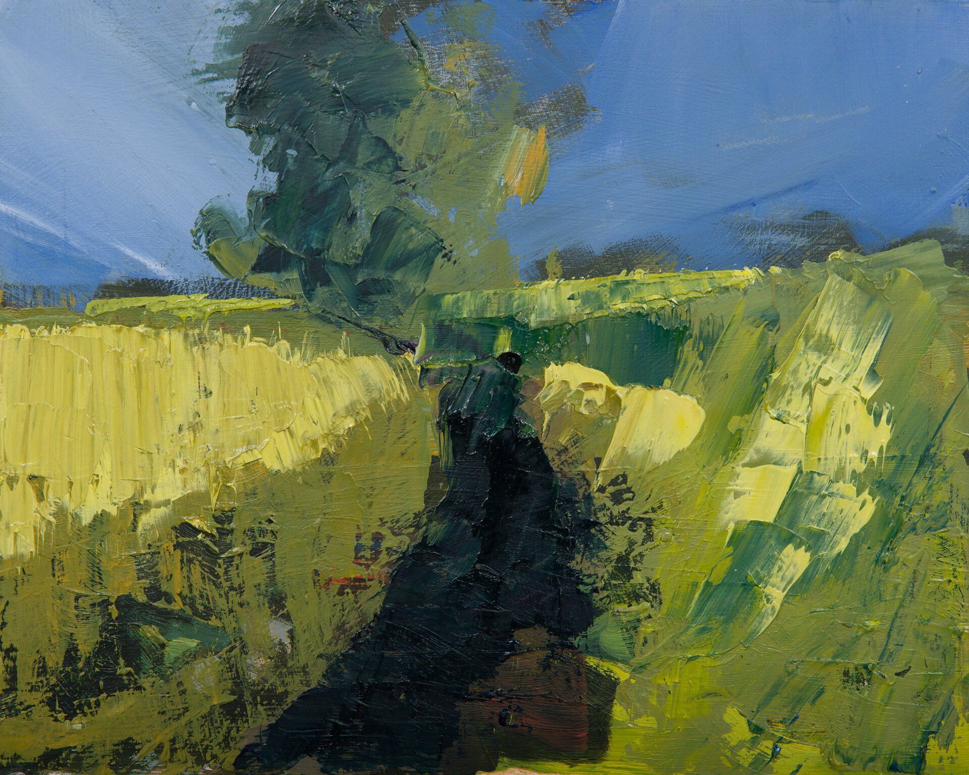A painting of a tree in a field with a blue sky in the background.