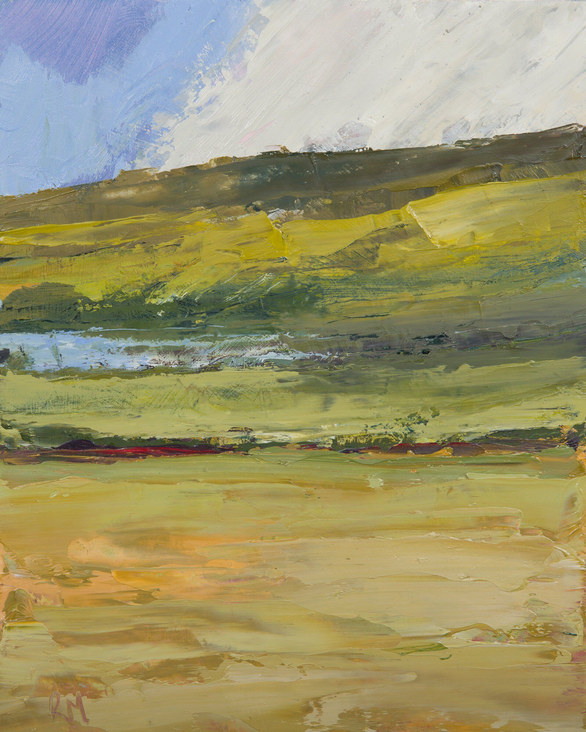 It is a painting of a field with a lake in the background.