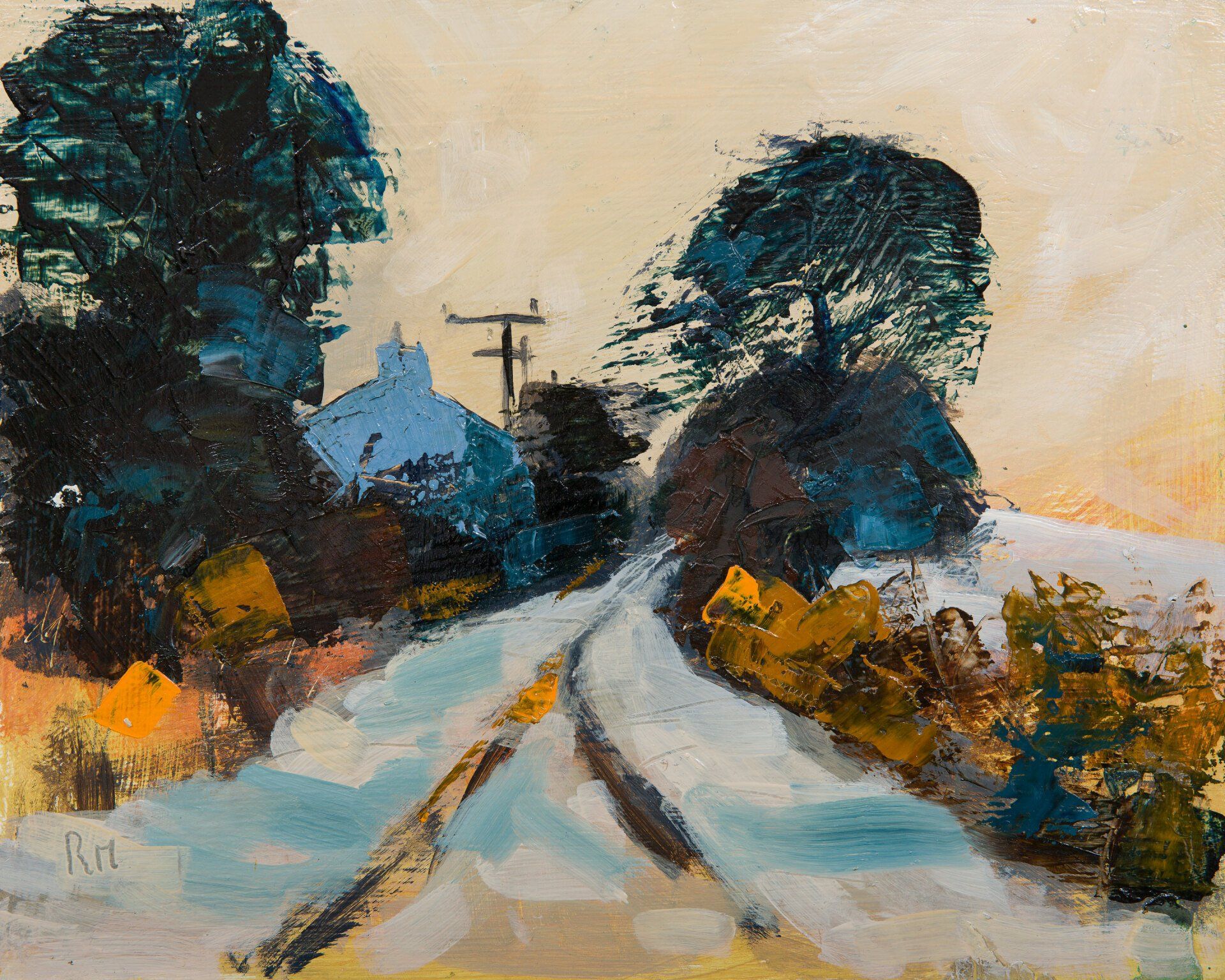 A painting of a snowy road with a house in the background