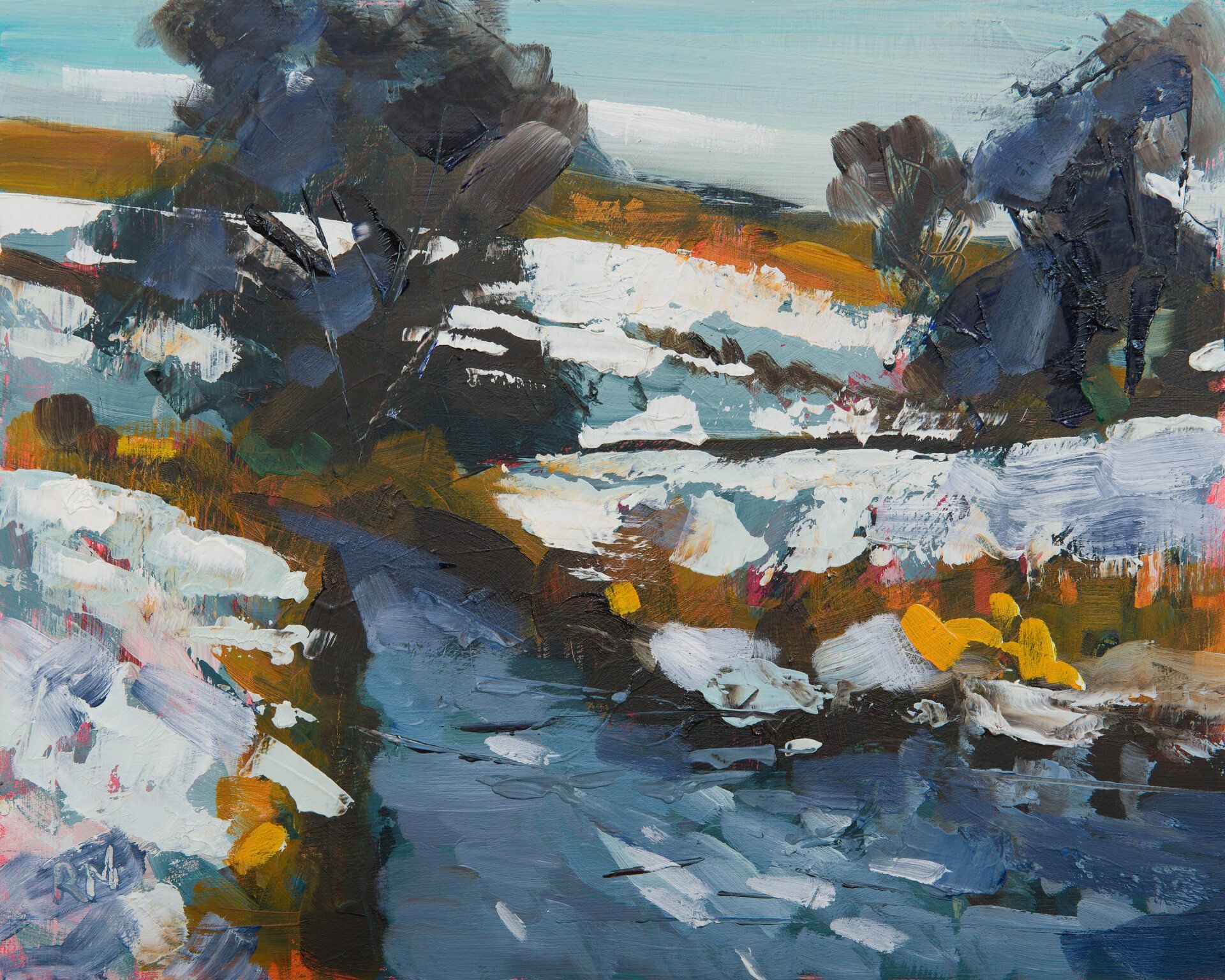 A painting of a snowy landscape with trees and a river.