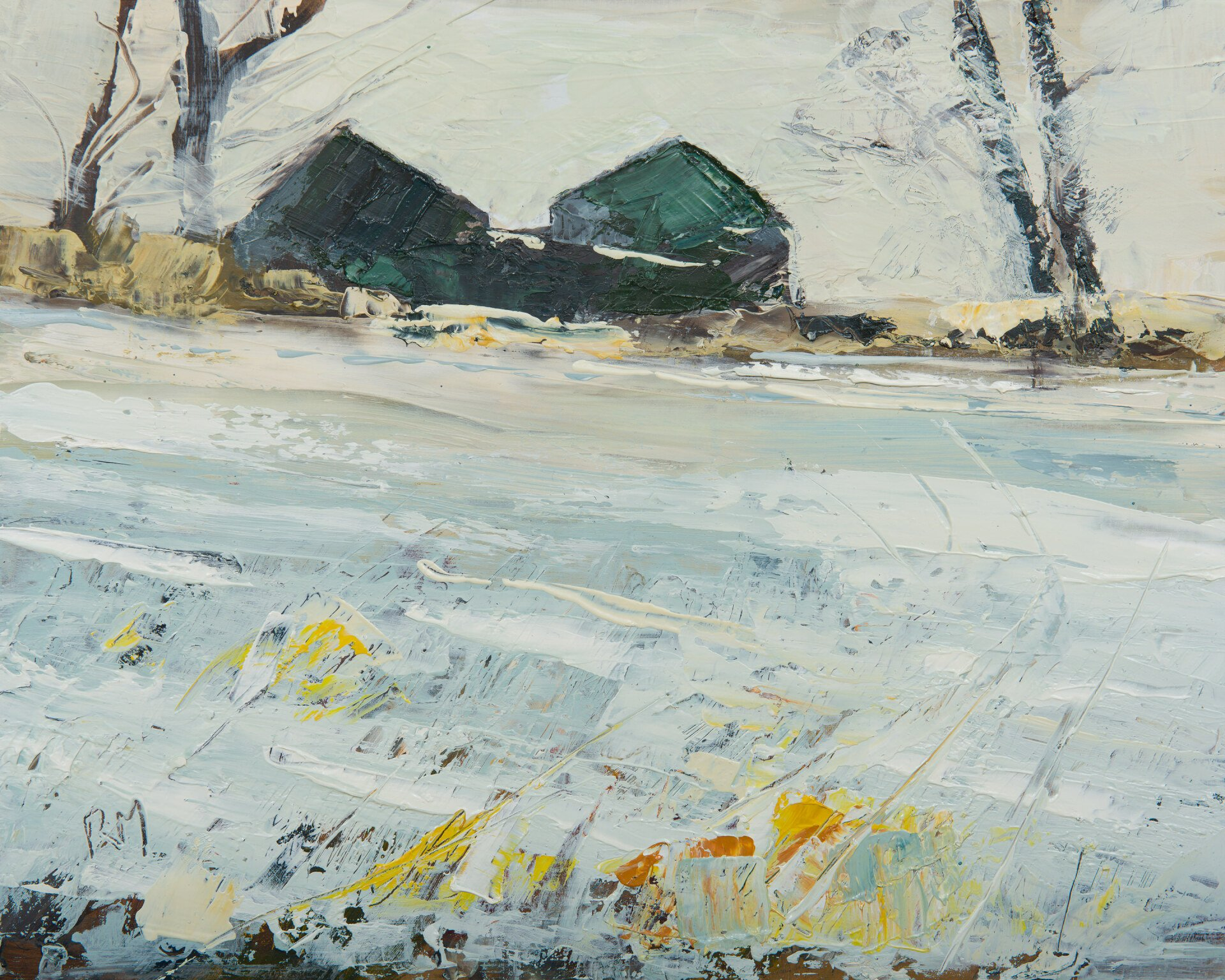 A painting of two houses in the snow