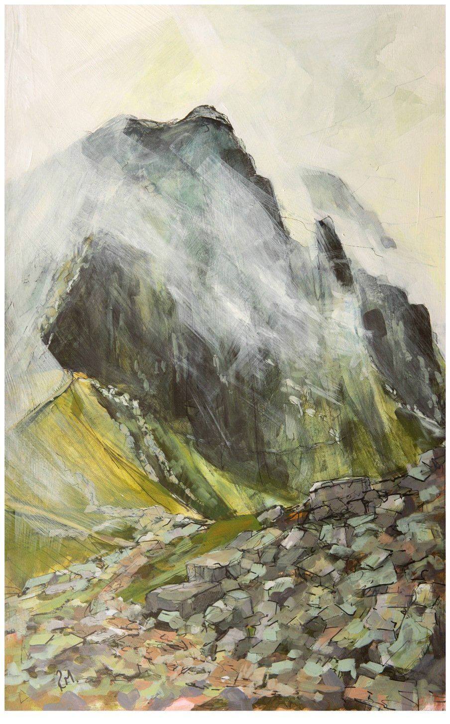 It is a painting of a mountain with a lot of rocks on it.