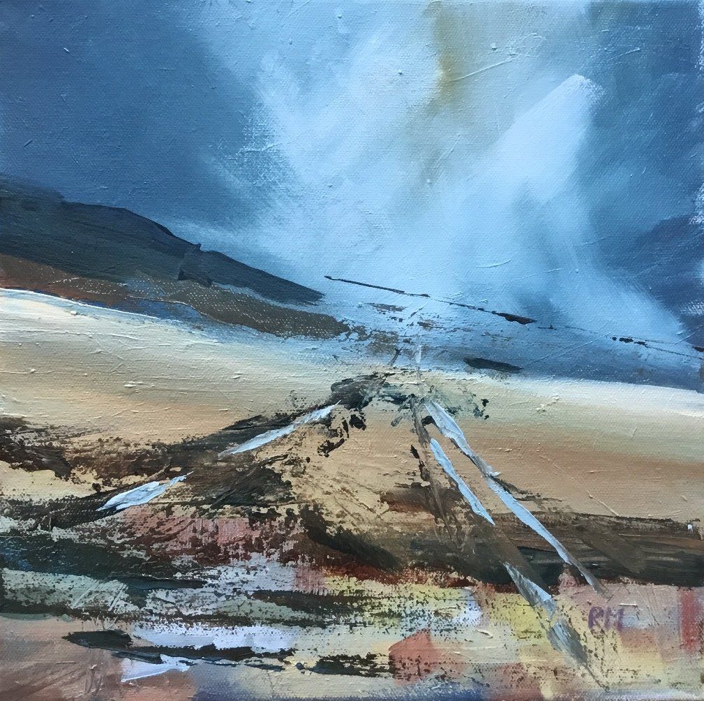 A painting of a landscape with mountains in the background