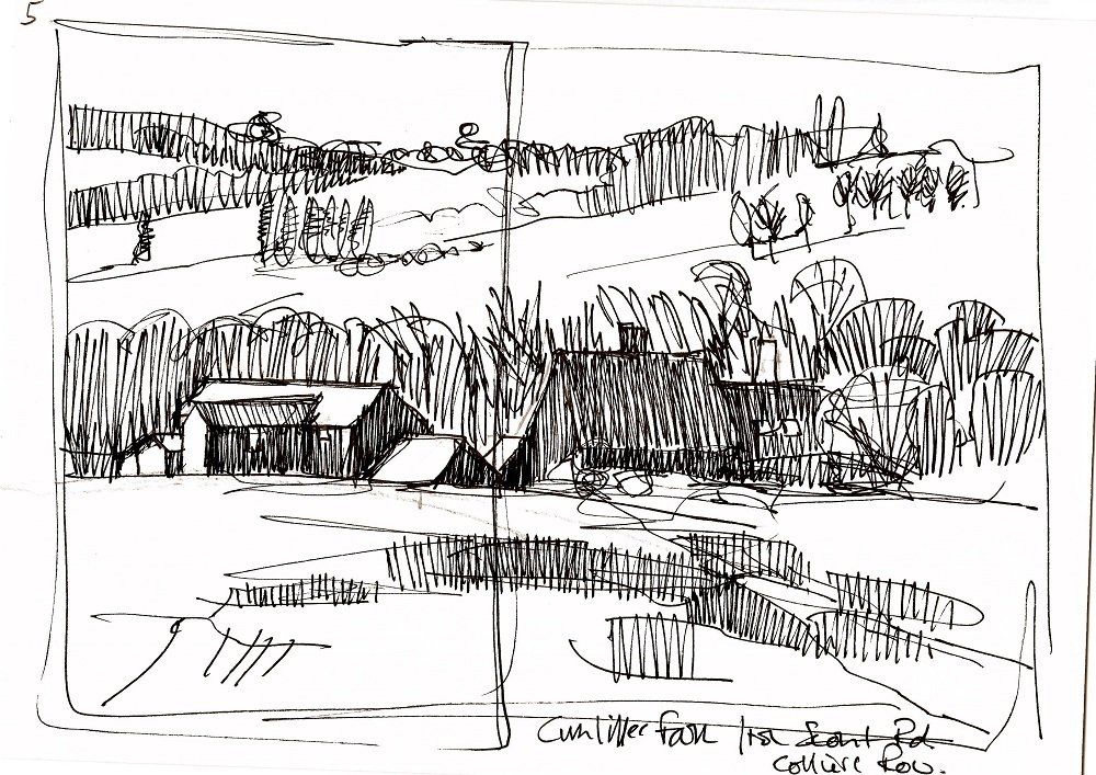 A black and white drawing of a house in the middle of a field.