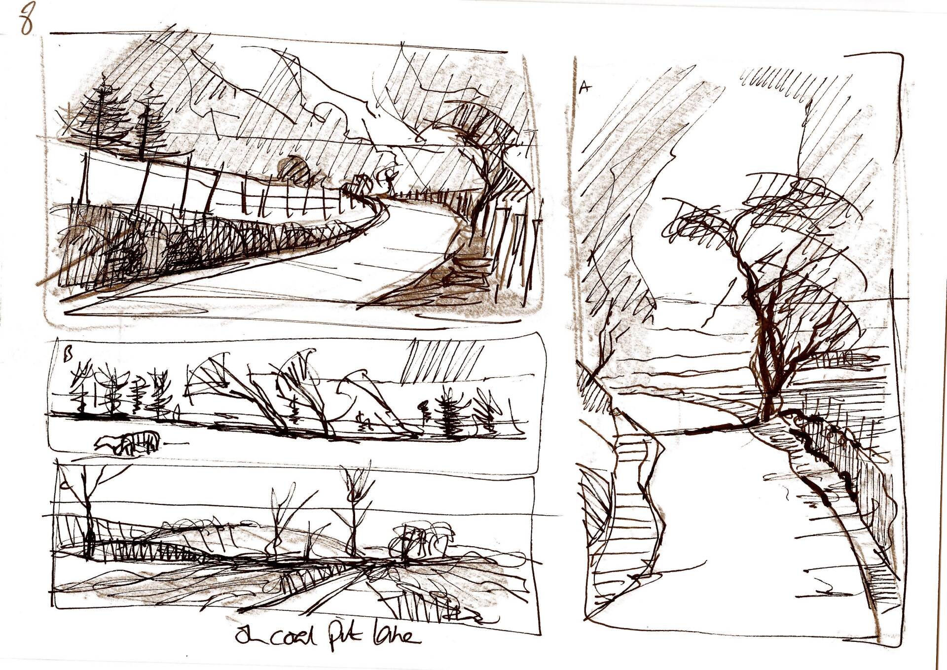 Three drawings of a road with trees and mountains in the background