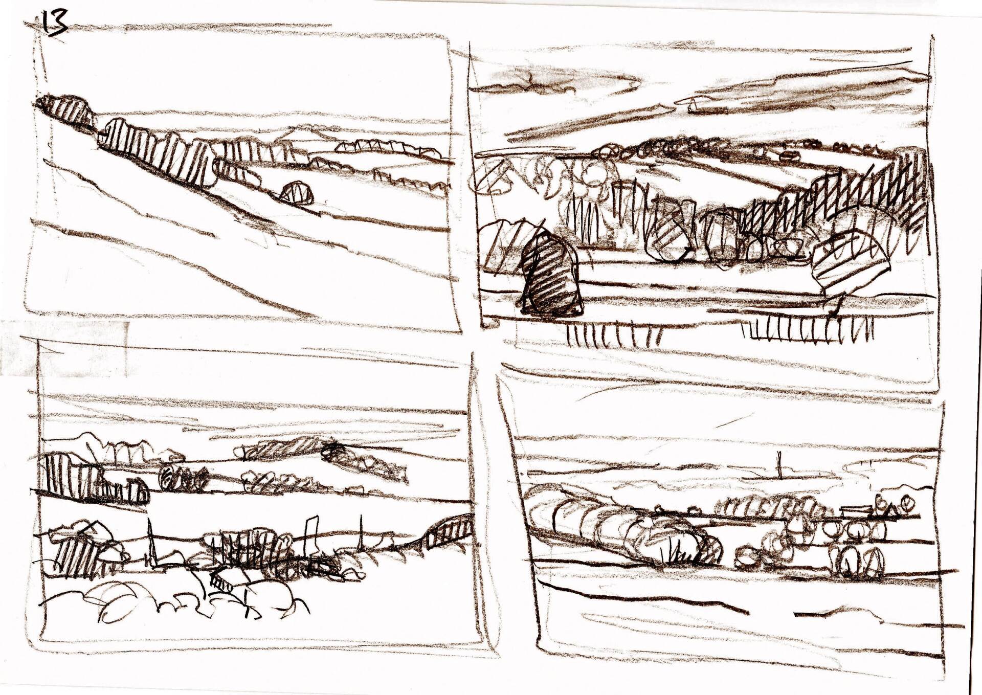A set of four black and white drawings of a landscape.