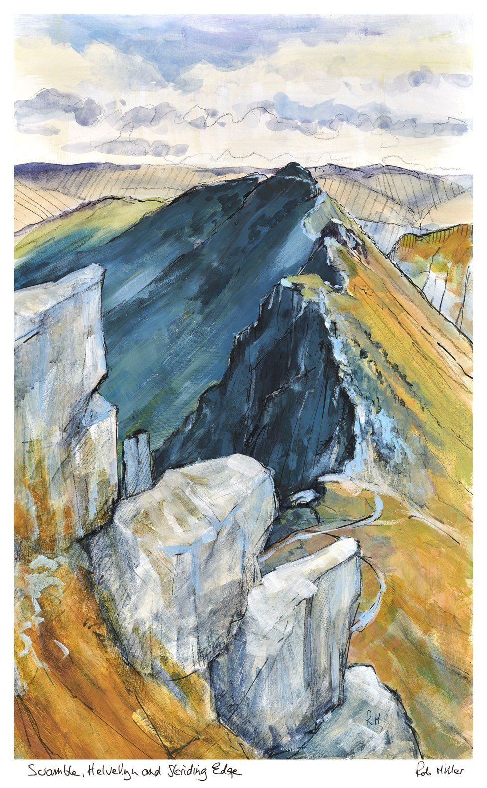 A painting of a mountain landscape with a large rock in the foreground.
