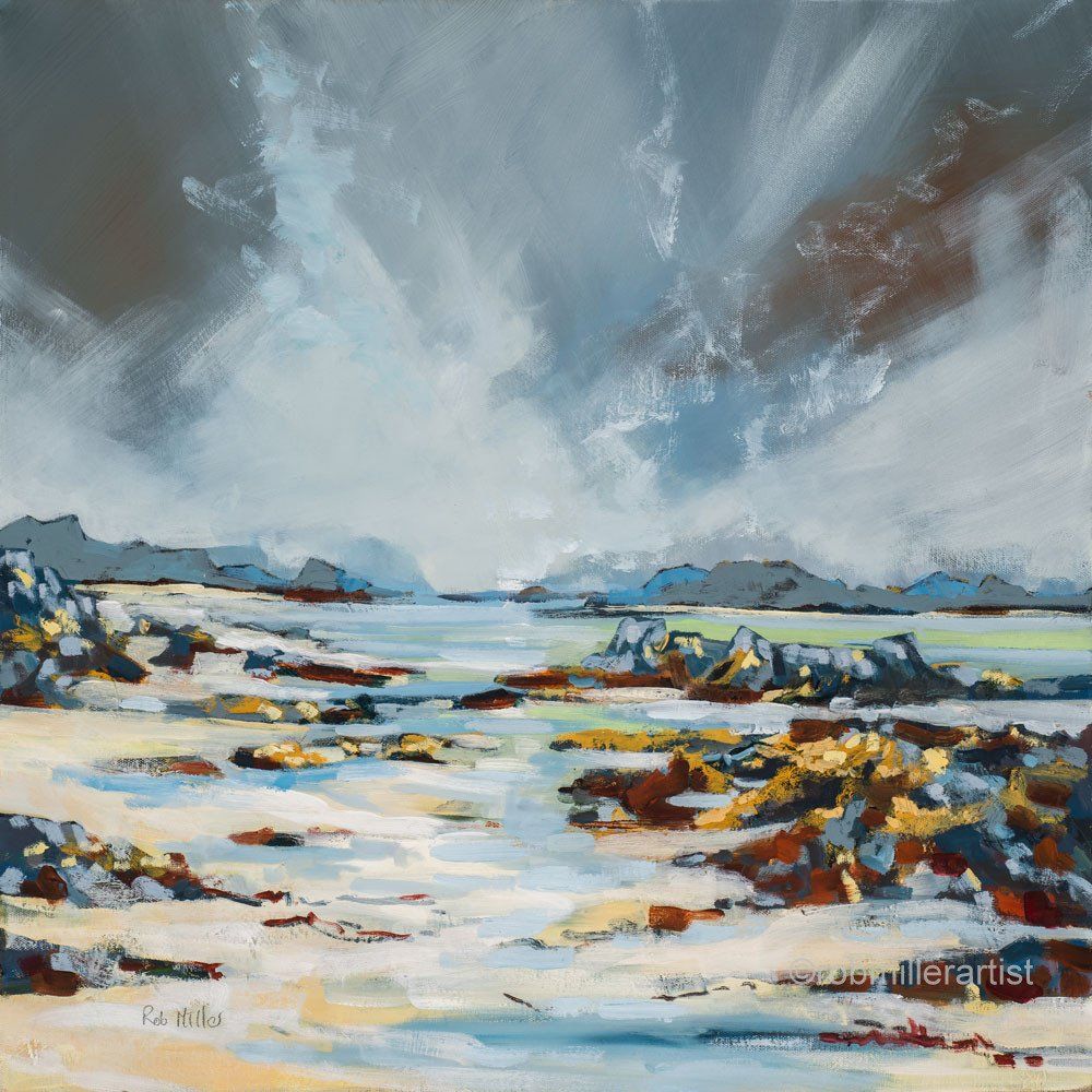 A painting of a beach with rocks and mountains in the background