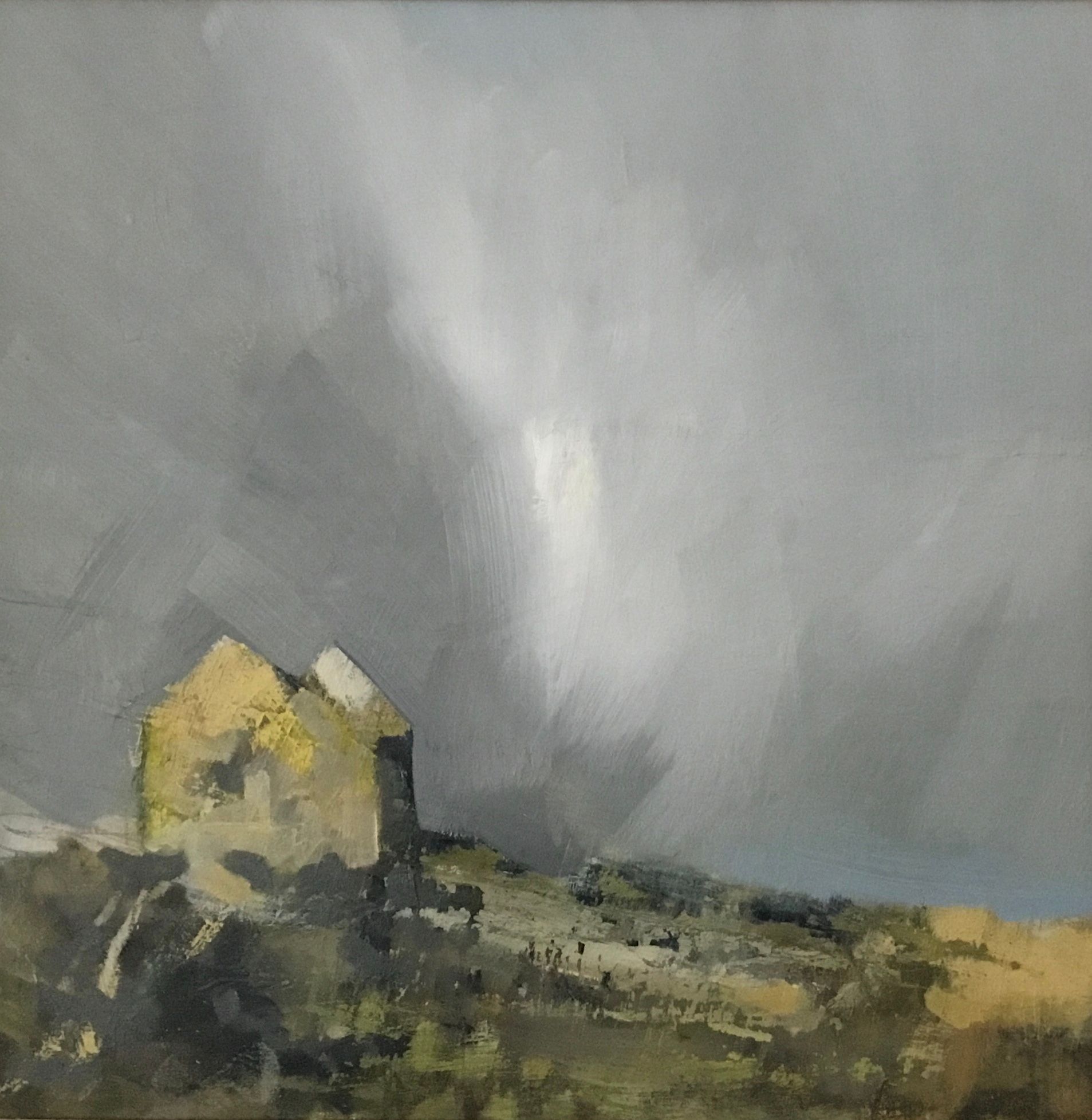 A painting of a house on top of a hill with a cloudy sky in the background.