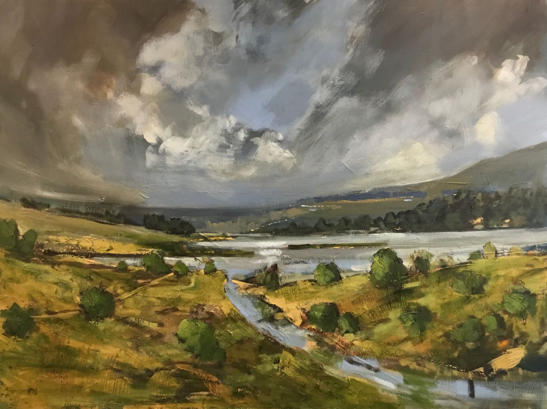 A painting of a landscape with a river and mountains in the background.