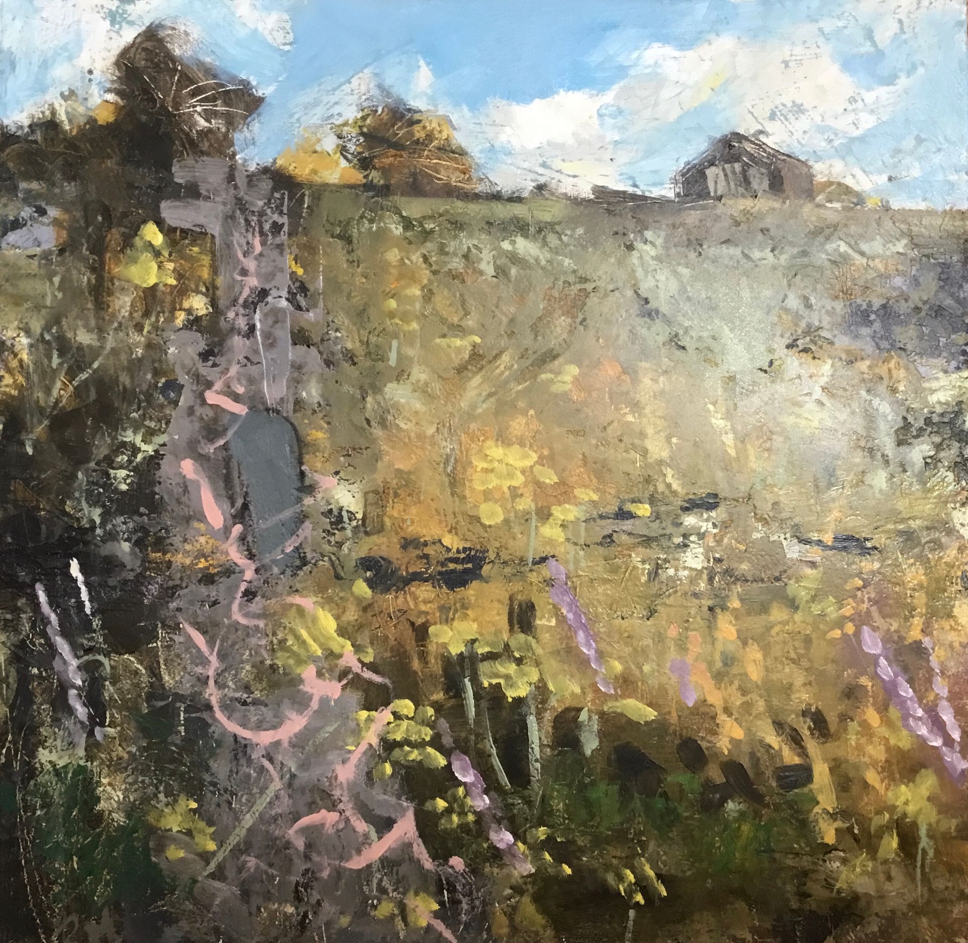 A painting of a field with a house in the background.