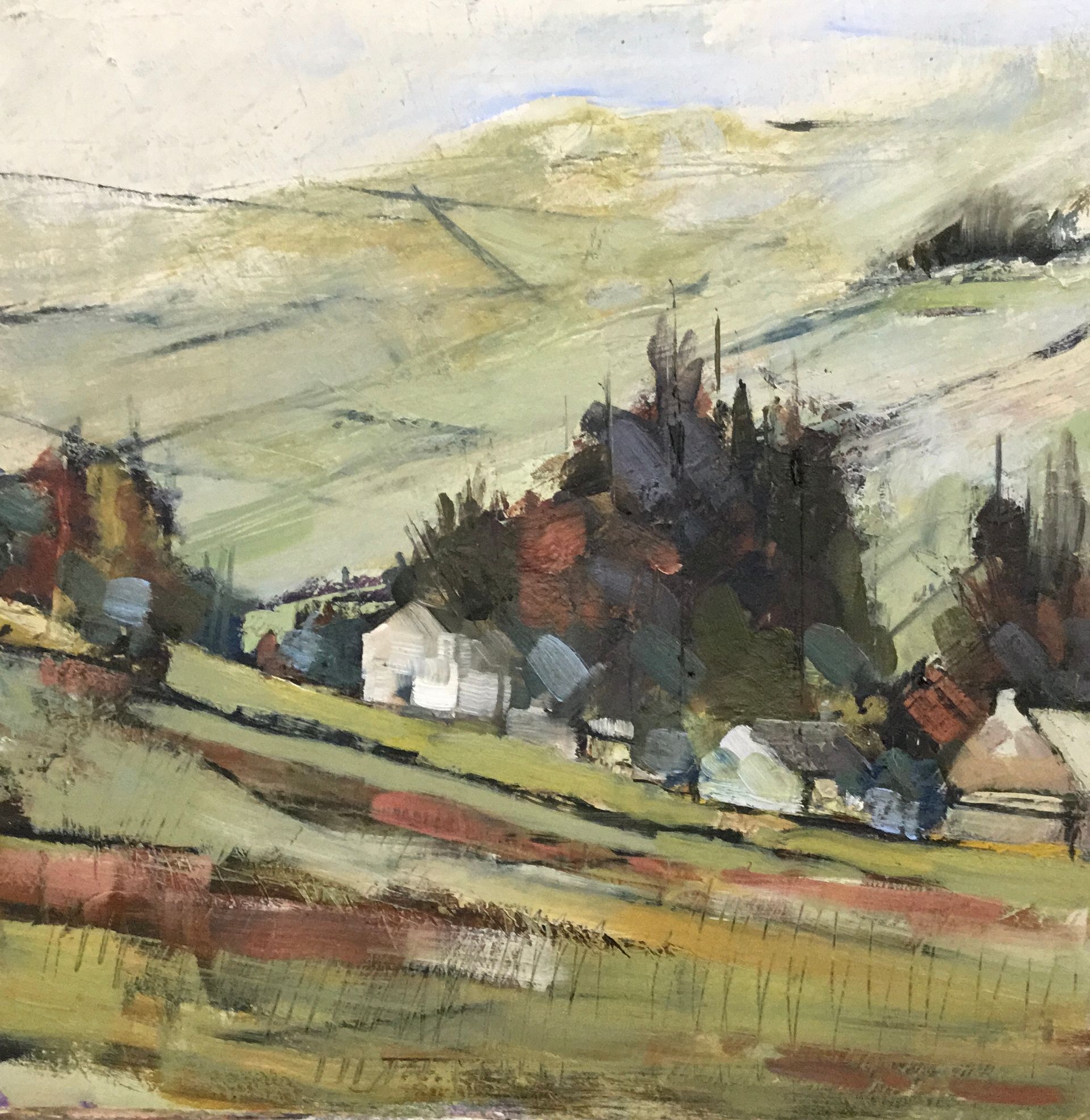 A painting of a hillside with houses and trees