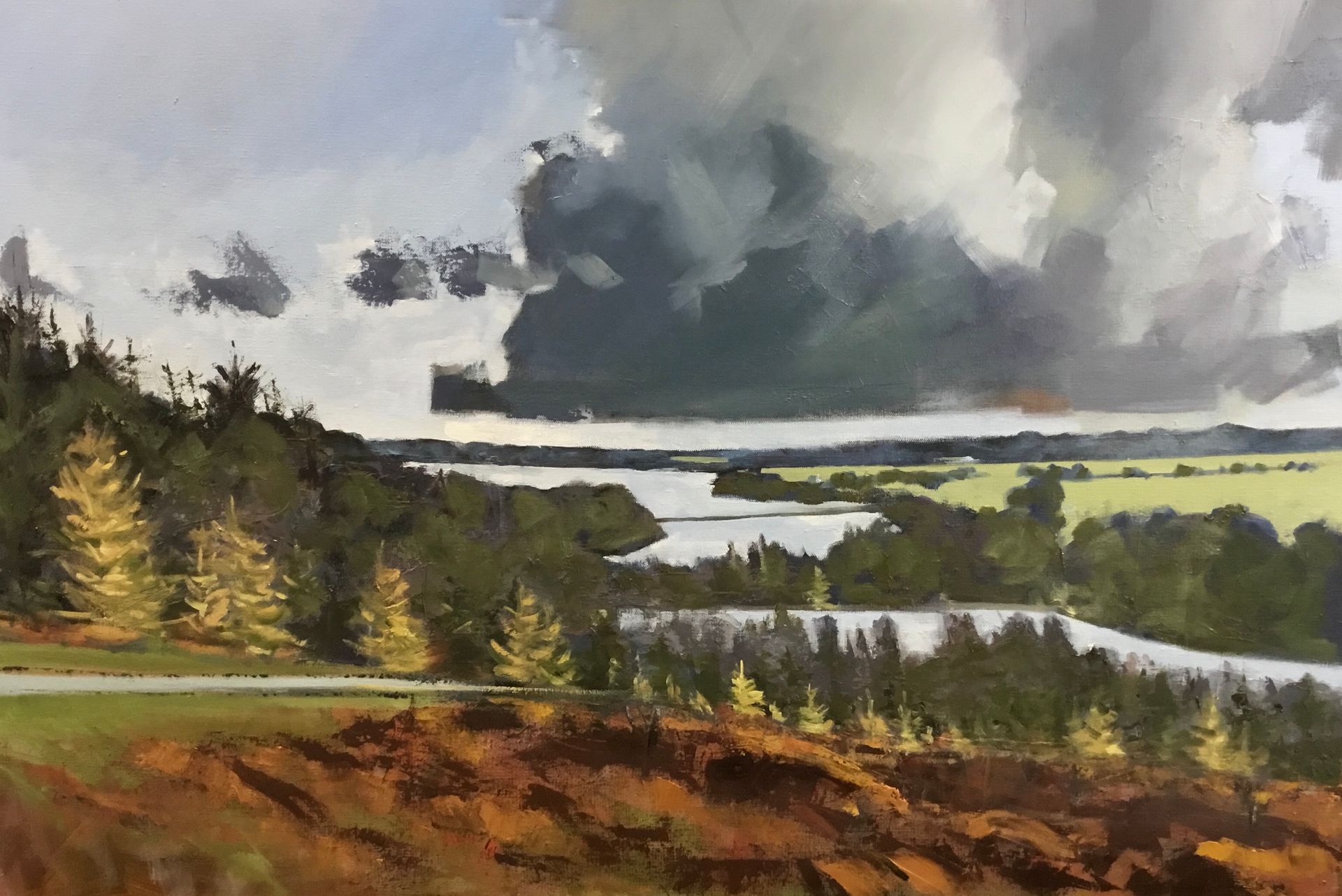 A painting of a river surrounded by trees and clouds