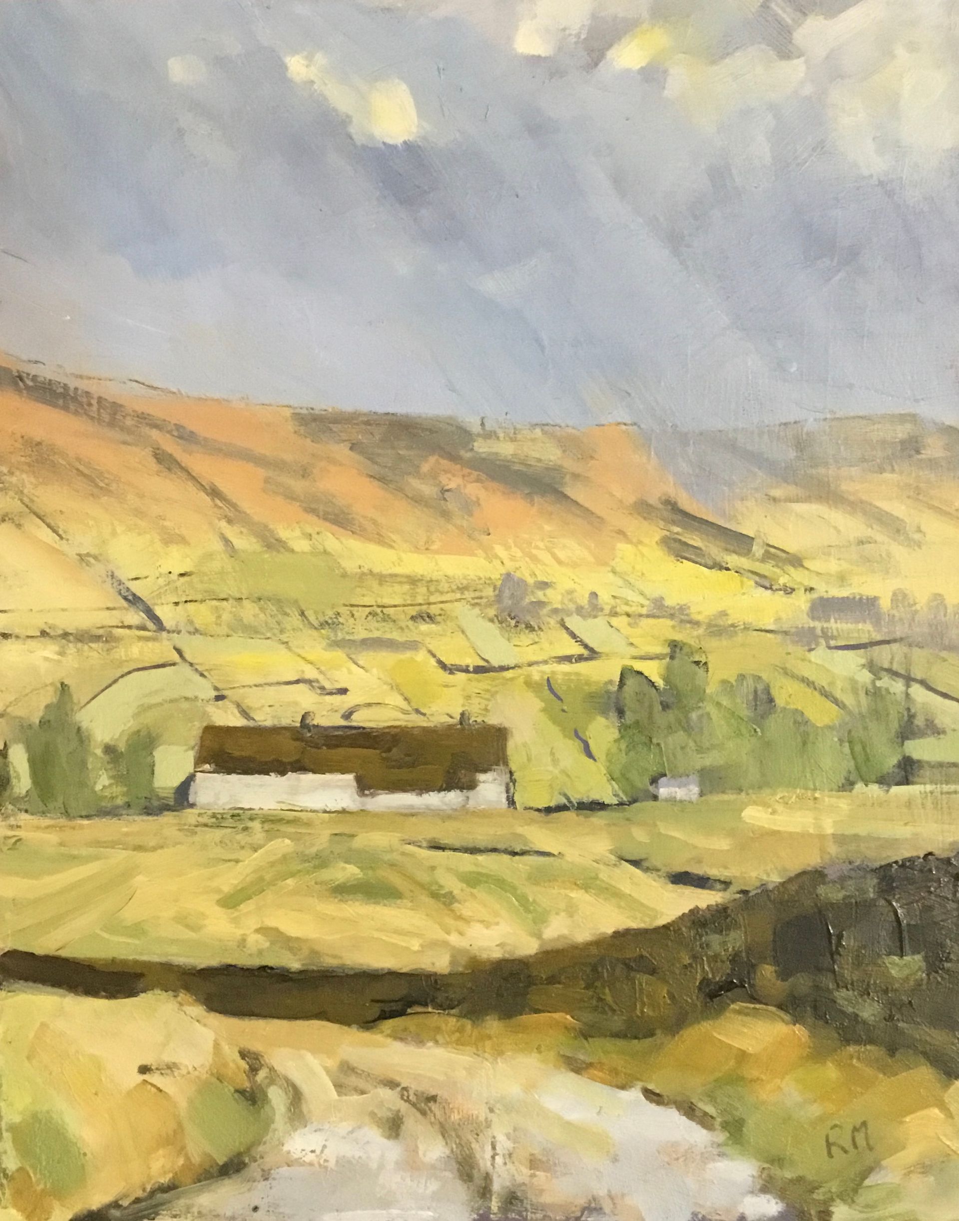 A painting of a landscape with mountains in the background and a house in the foreground.