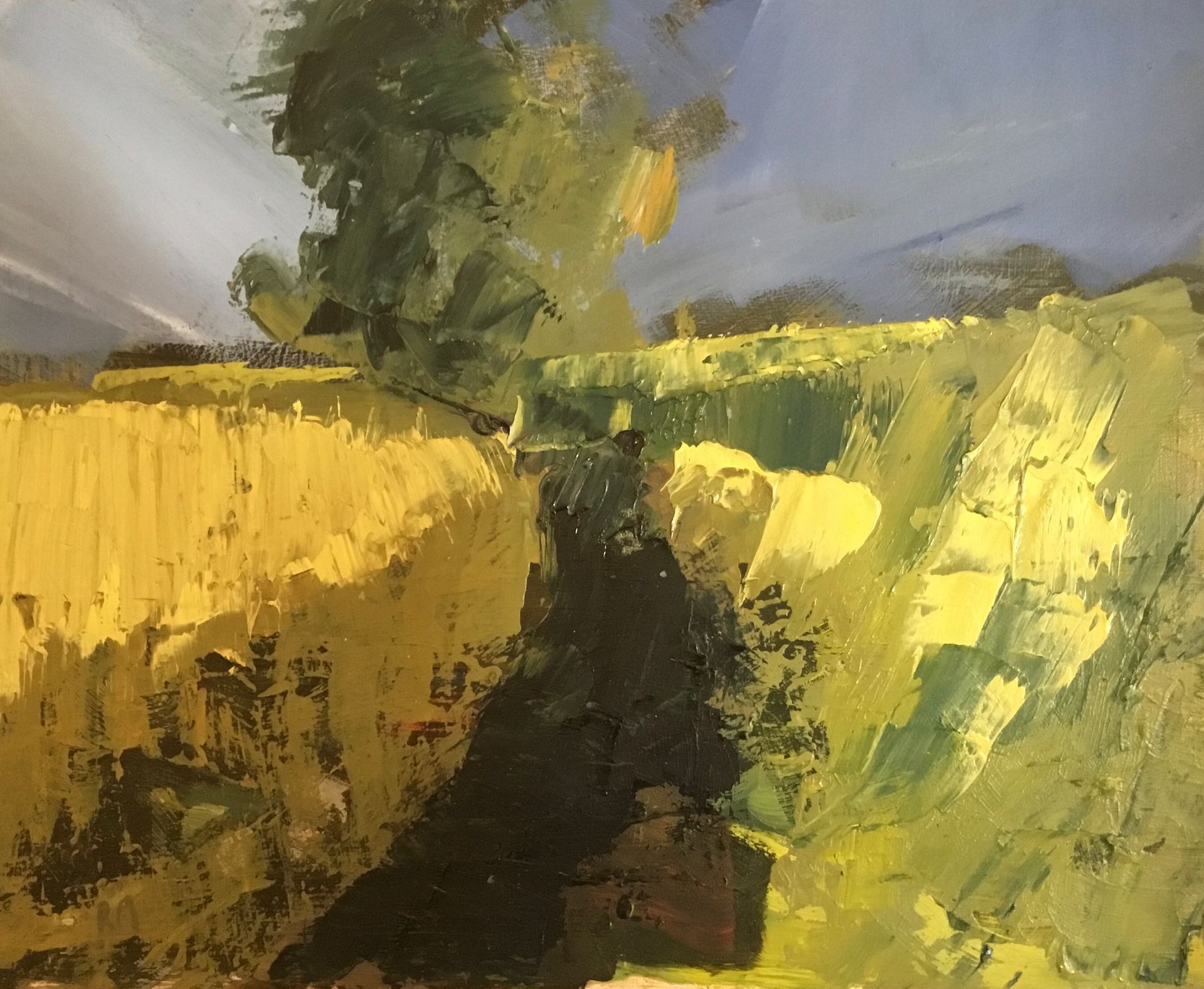 A painting of a field with trees in the background