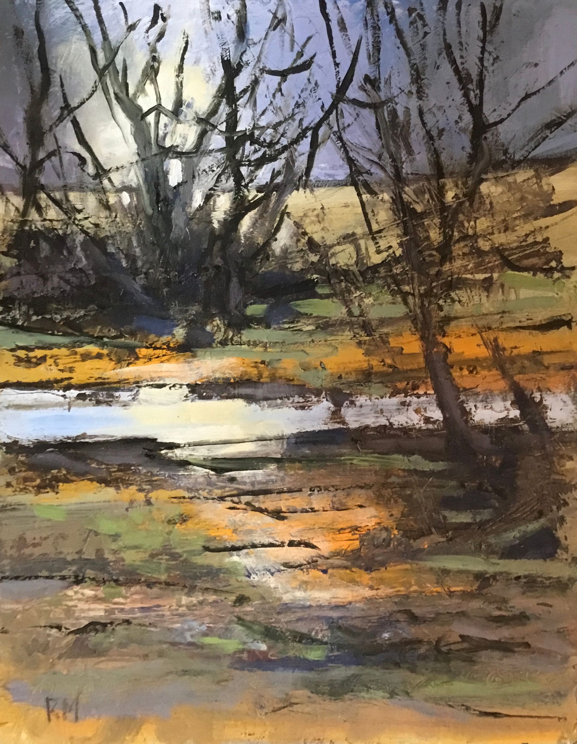 It is a painting of a river with trees in the background.