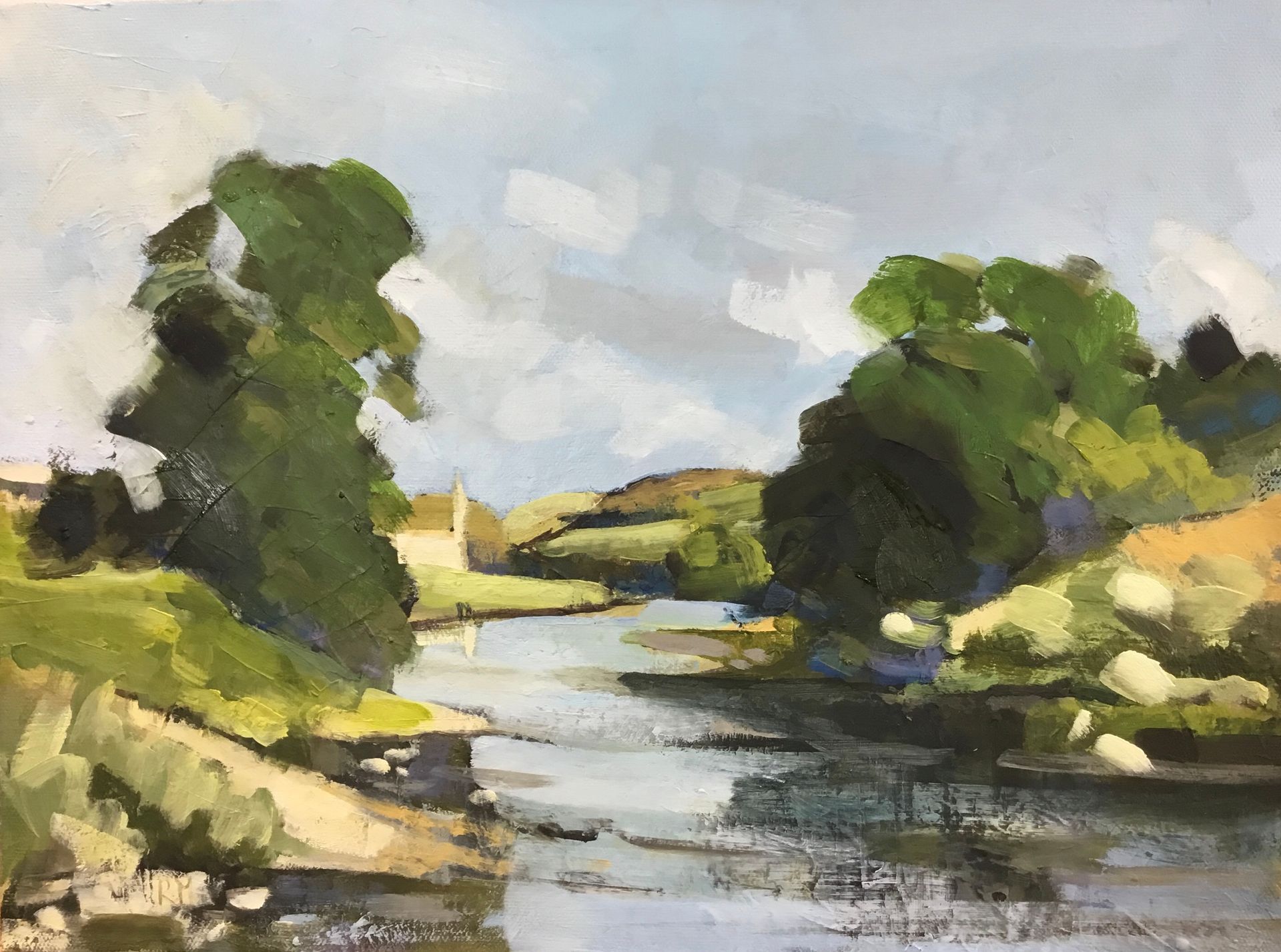 A painting of a river with trees and a house in the background.