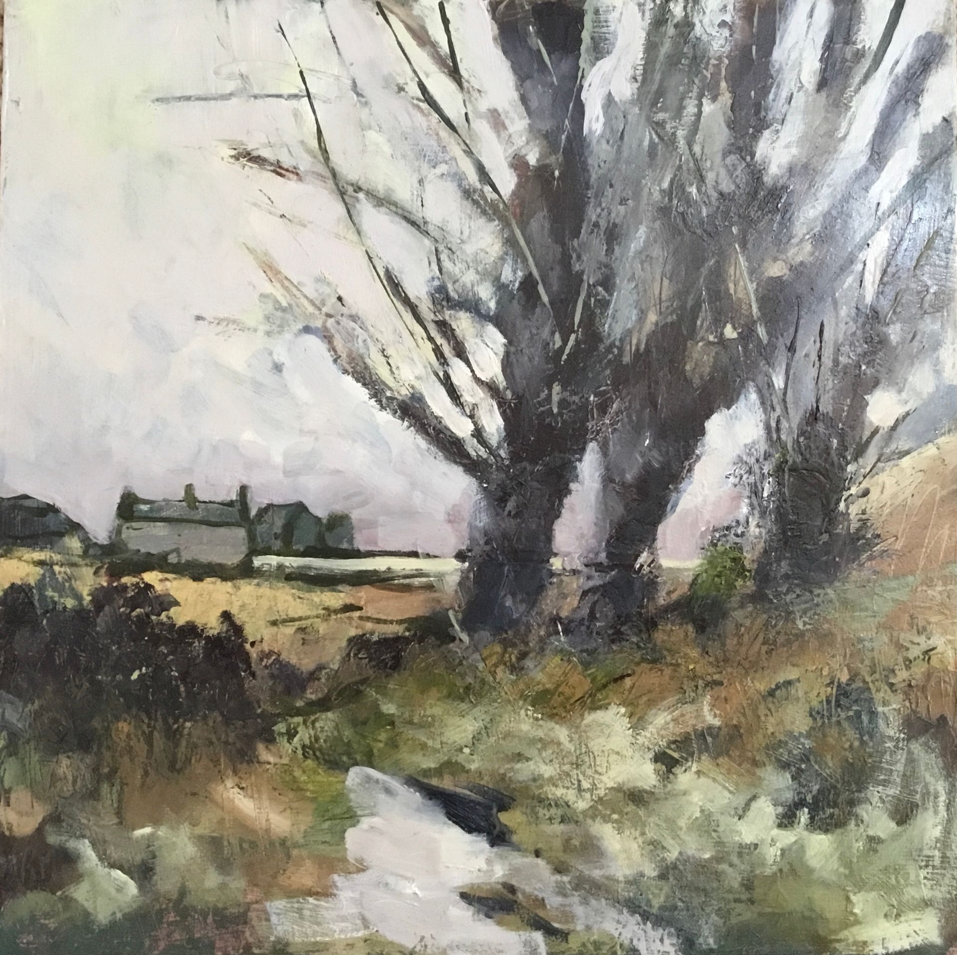 A painting of trees in a field with a house in the background