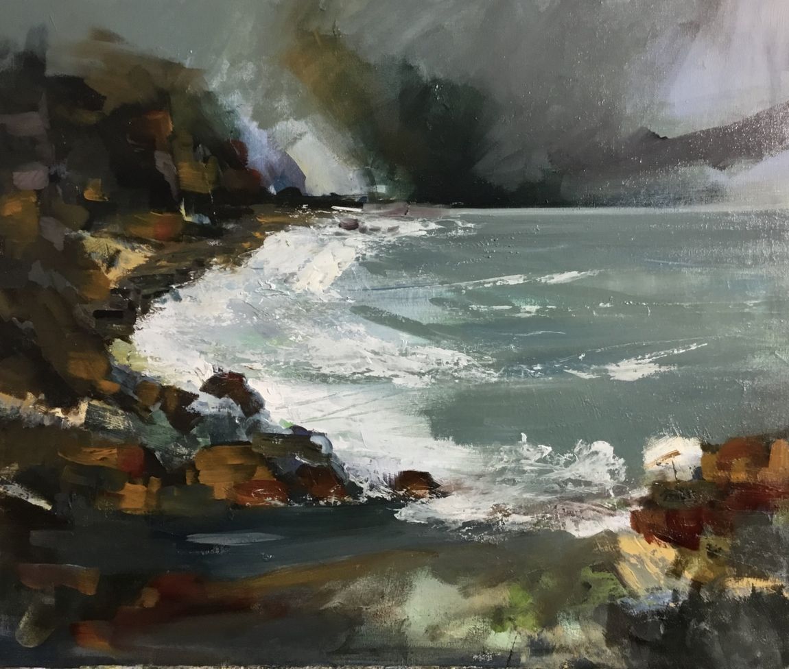 A painting of a beach with waves crashing against the rocks.