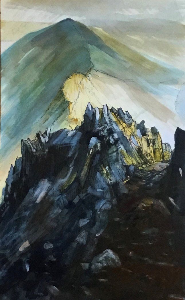 A painting of a mountain with a lot of rocks on it