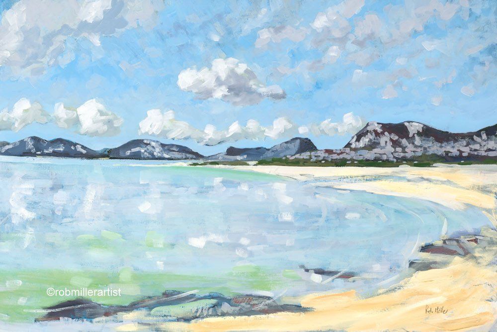 It is a painting of a beach with mountains in the background.