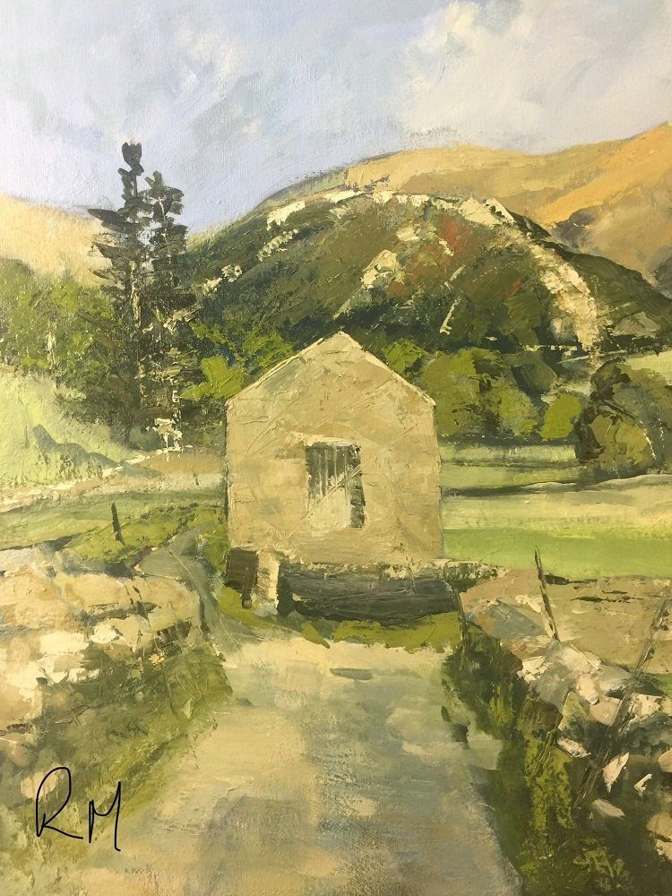 A painting of a house in the middle of a field with mountains in the background.
