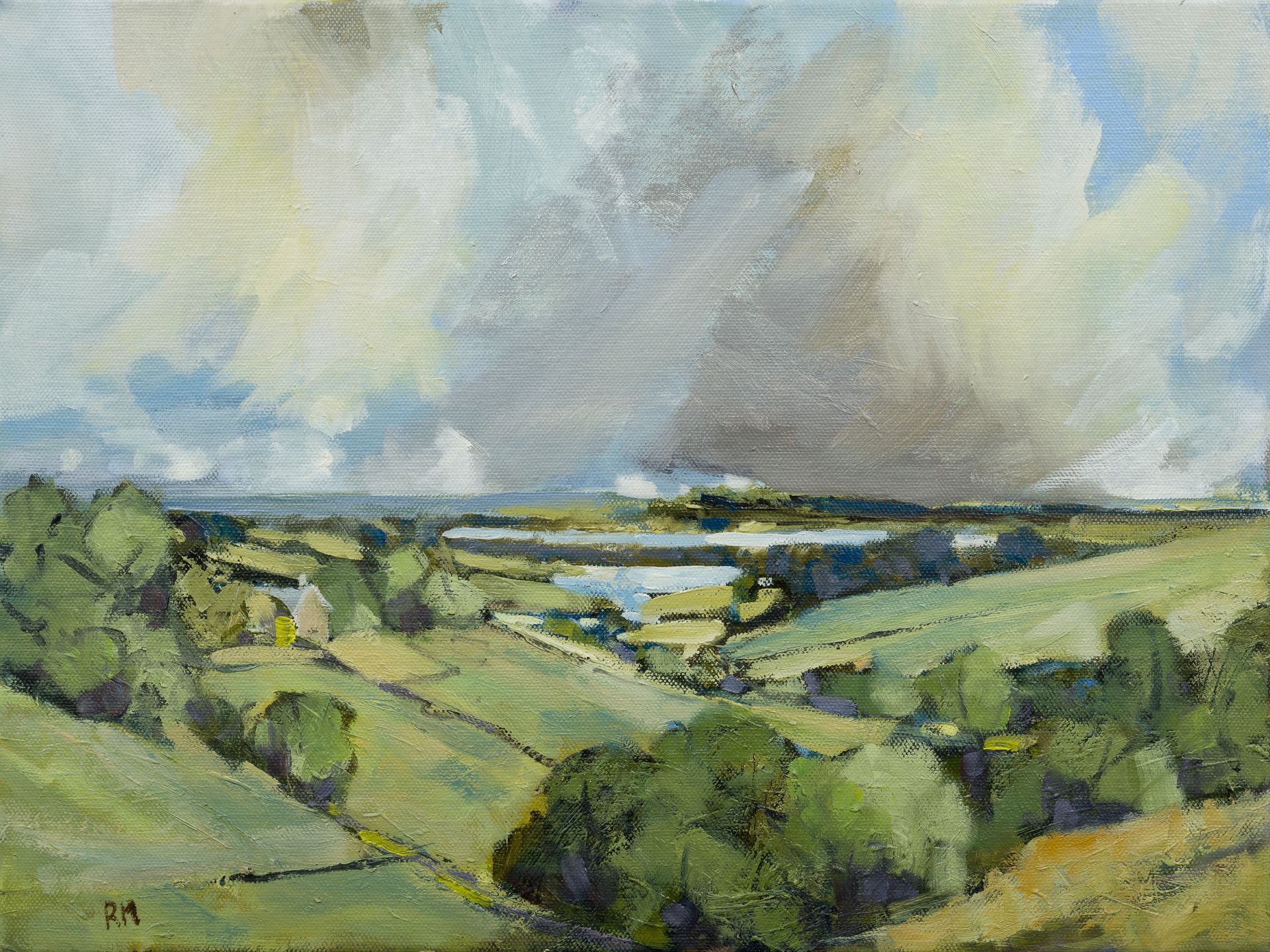 It is a painting of a landscape with trees and clouds.