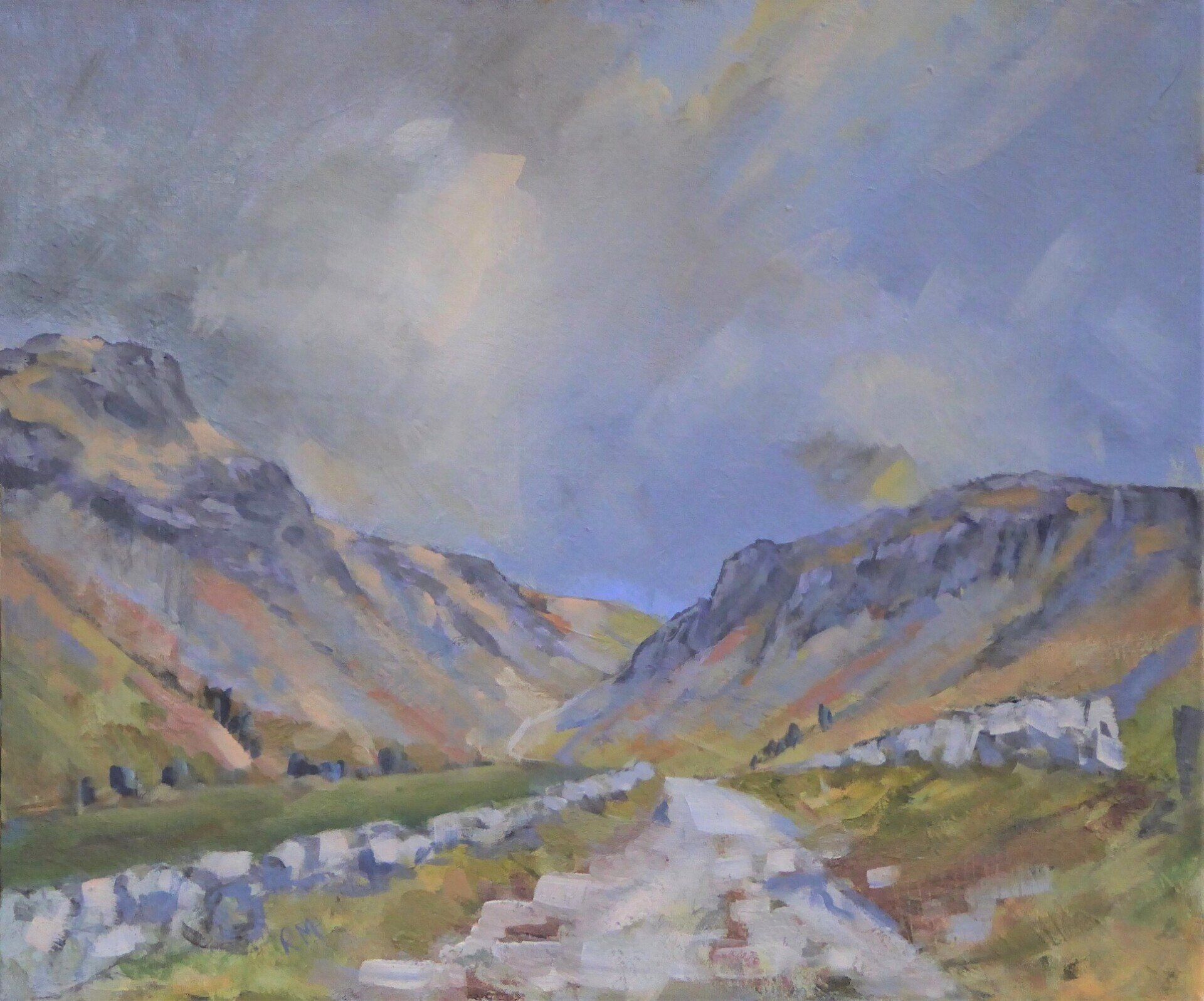 A painting of a mountain landscape with a road going through it.