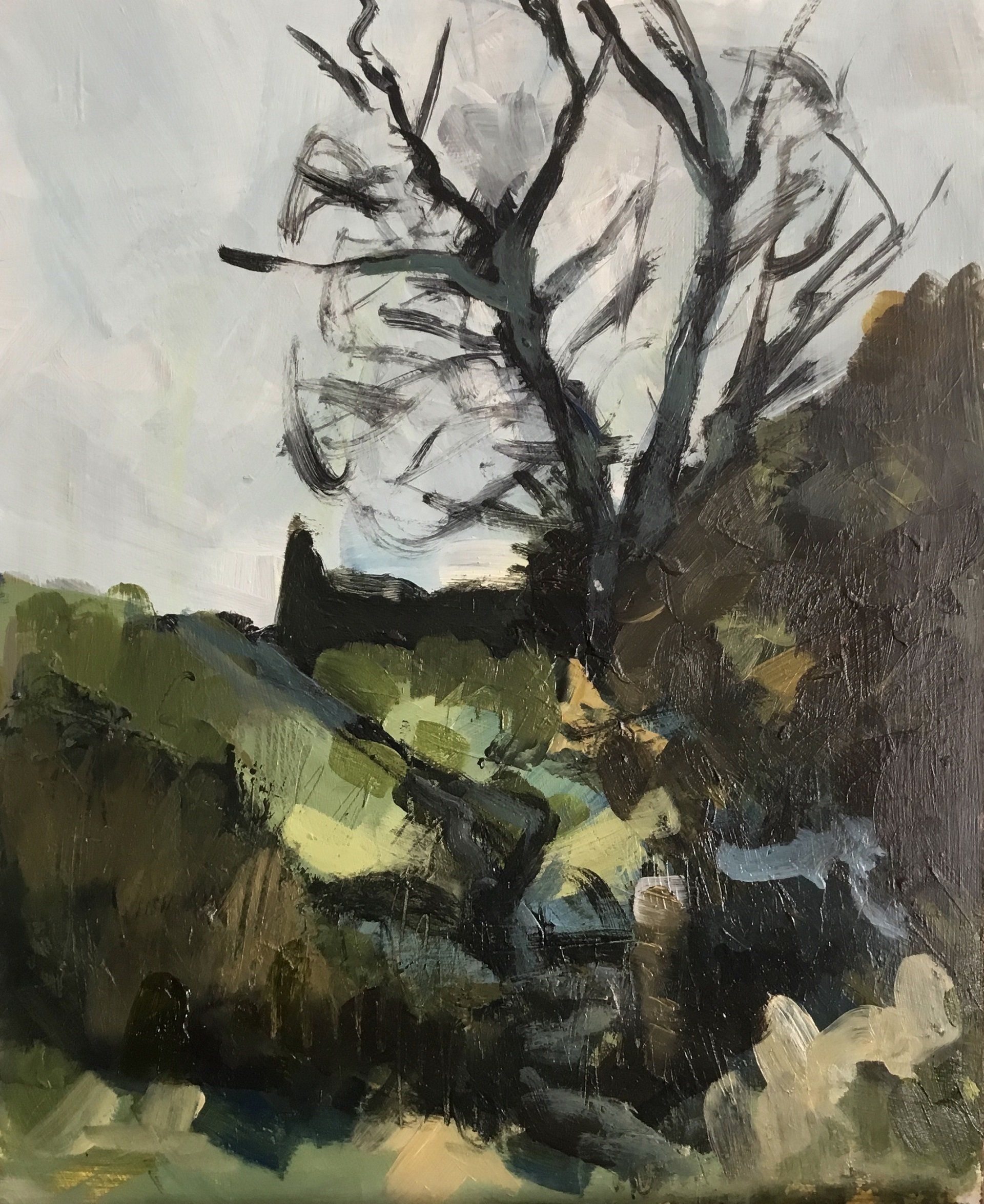 A painting of a tree in the middle of a field.