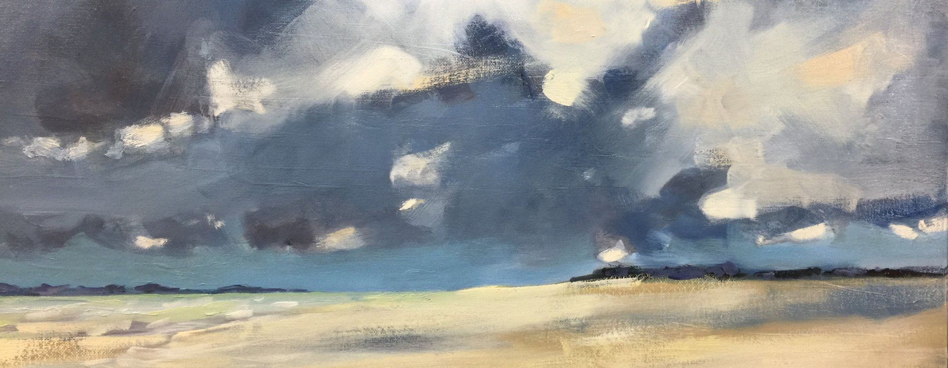A painting of a cloudy sky over a body of water.