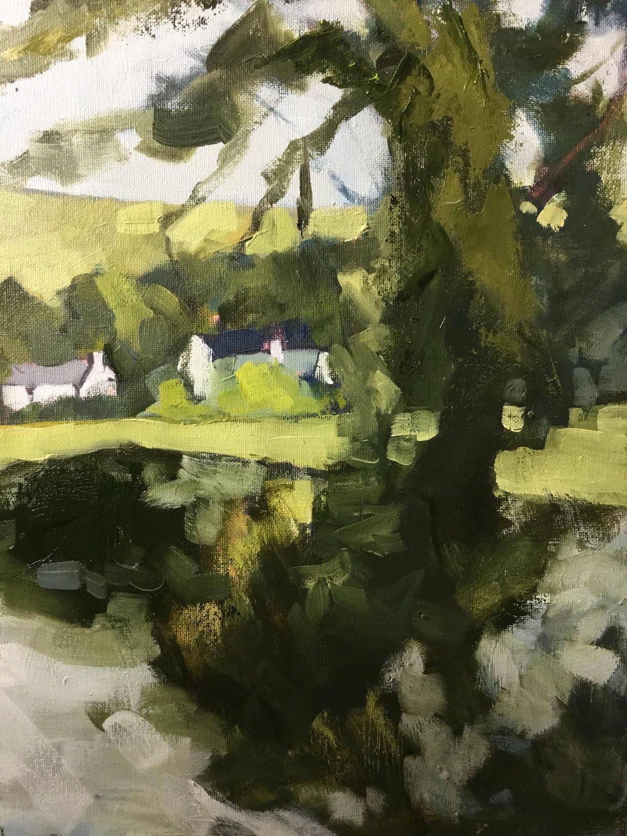 A painting of a landscape with trees and a house in the background.
