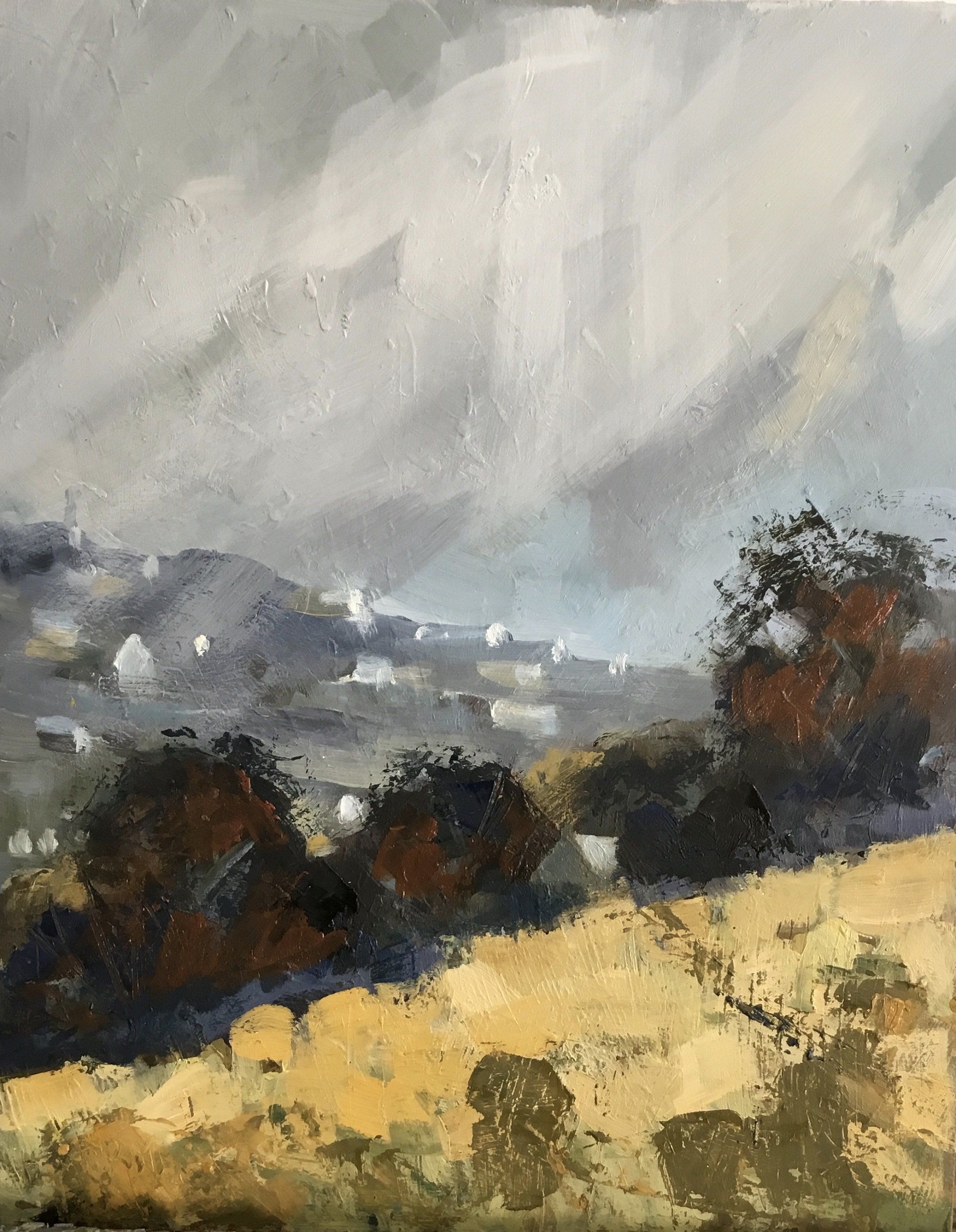 A painting of a landscape with mountains in the background and trees in the foreground.