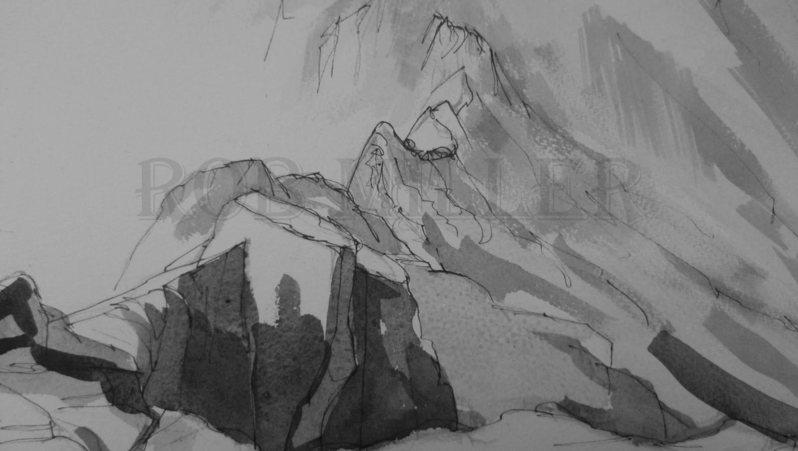 A black and white drawing of a mountain covered in snow.