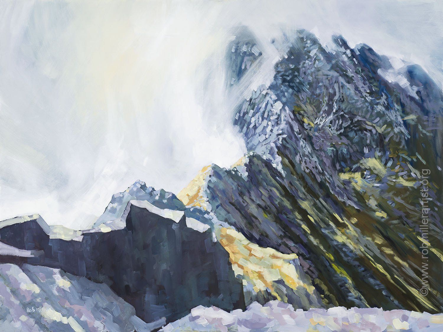 A painting of a mountain covered in snow and ice