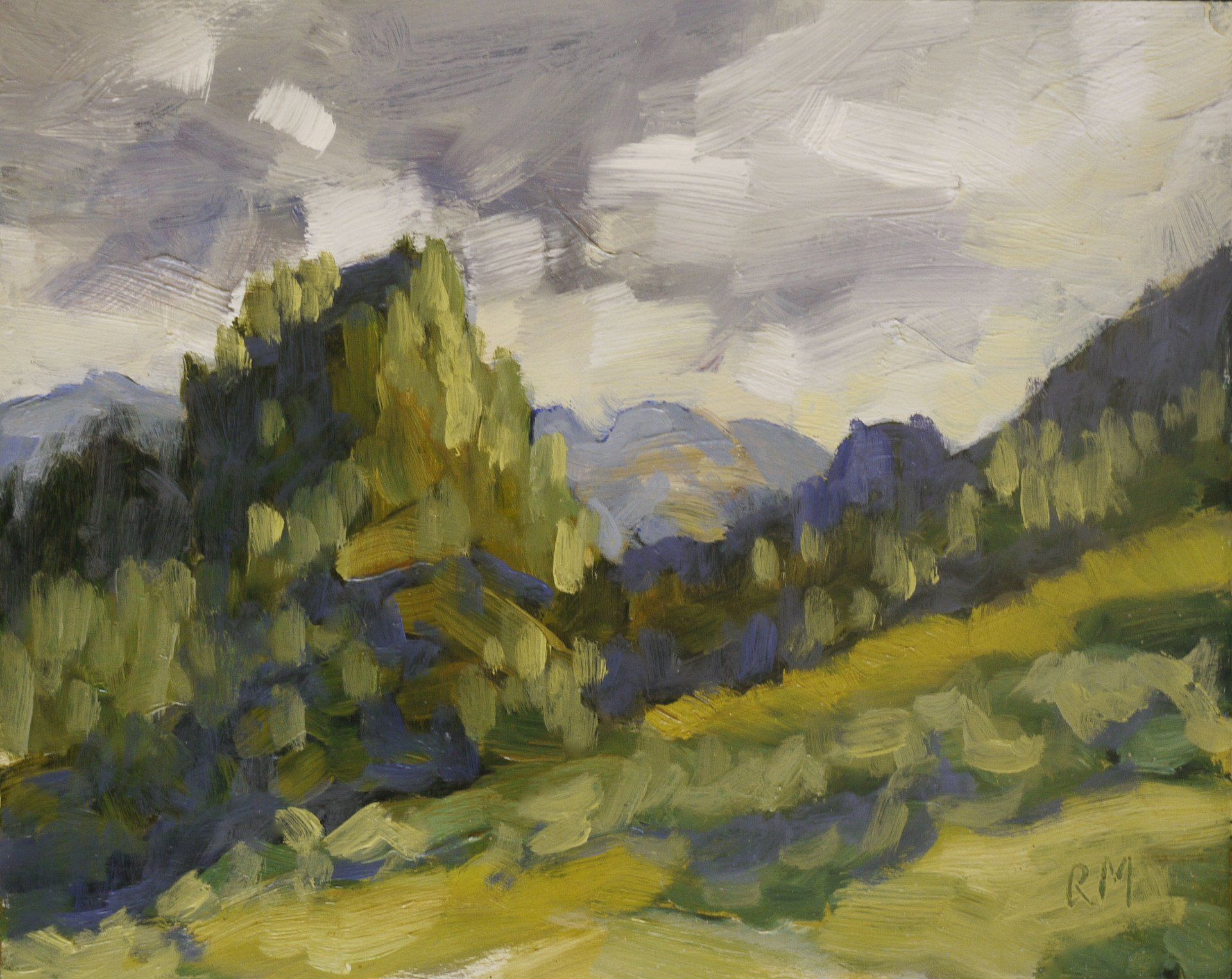 A painting of a mountain landscape with trees and mountains in the background.