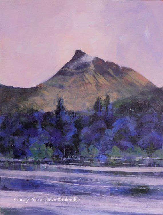 A painting of a mountain surrounded by trees and a lake