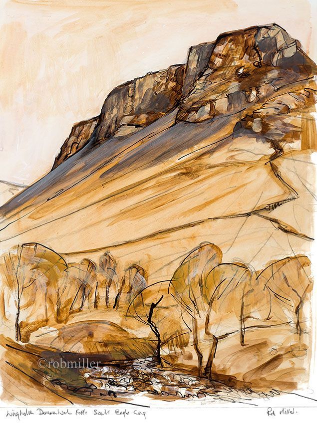 It is a painting of a mountain with trees in the foreground.