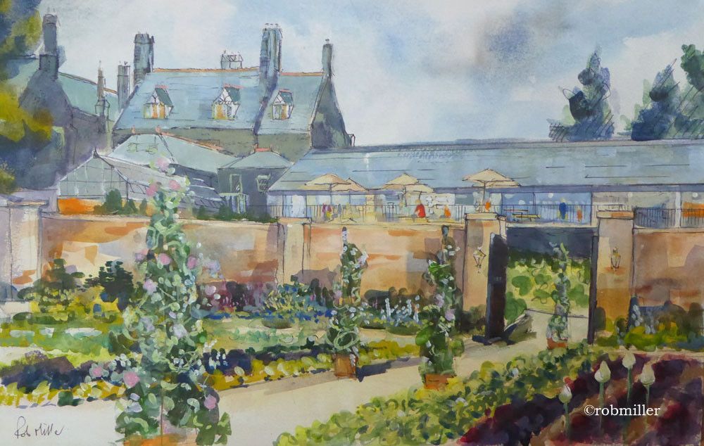 A painting of a garden with a house in the background