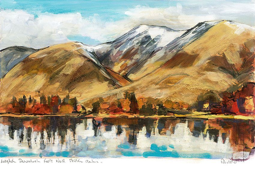 A painting of a lake with mountains in the background