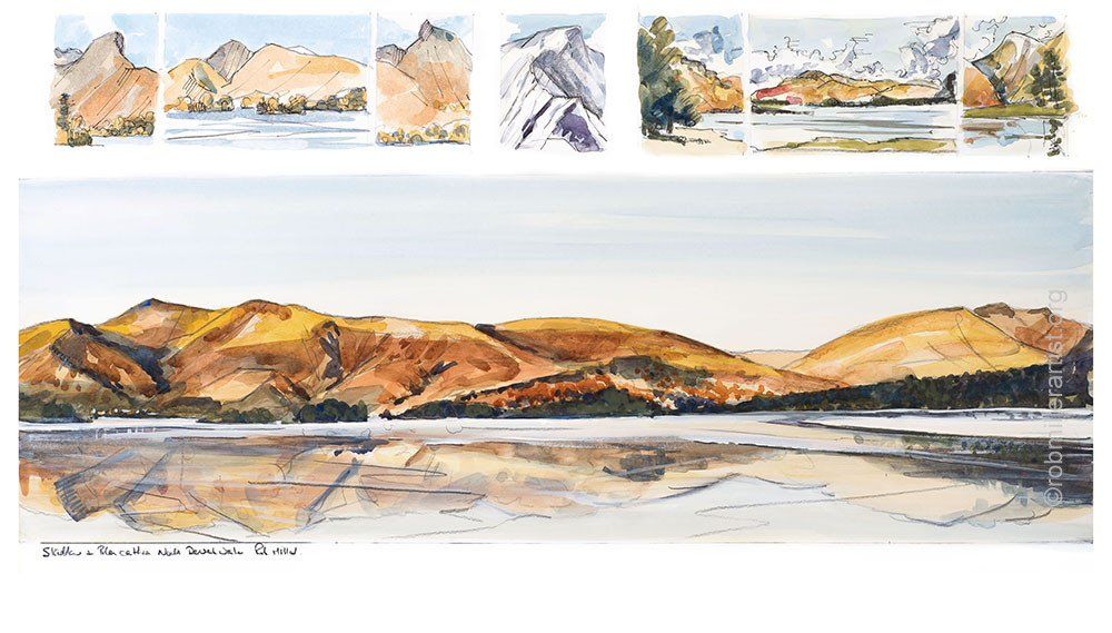 A painting of a lake with mountains in the background