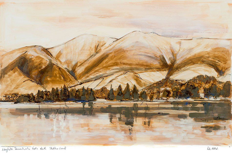 A painting of a lake with mountains in the background
