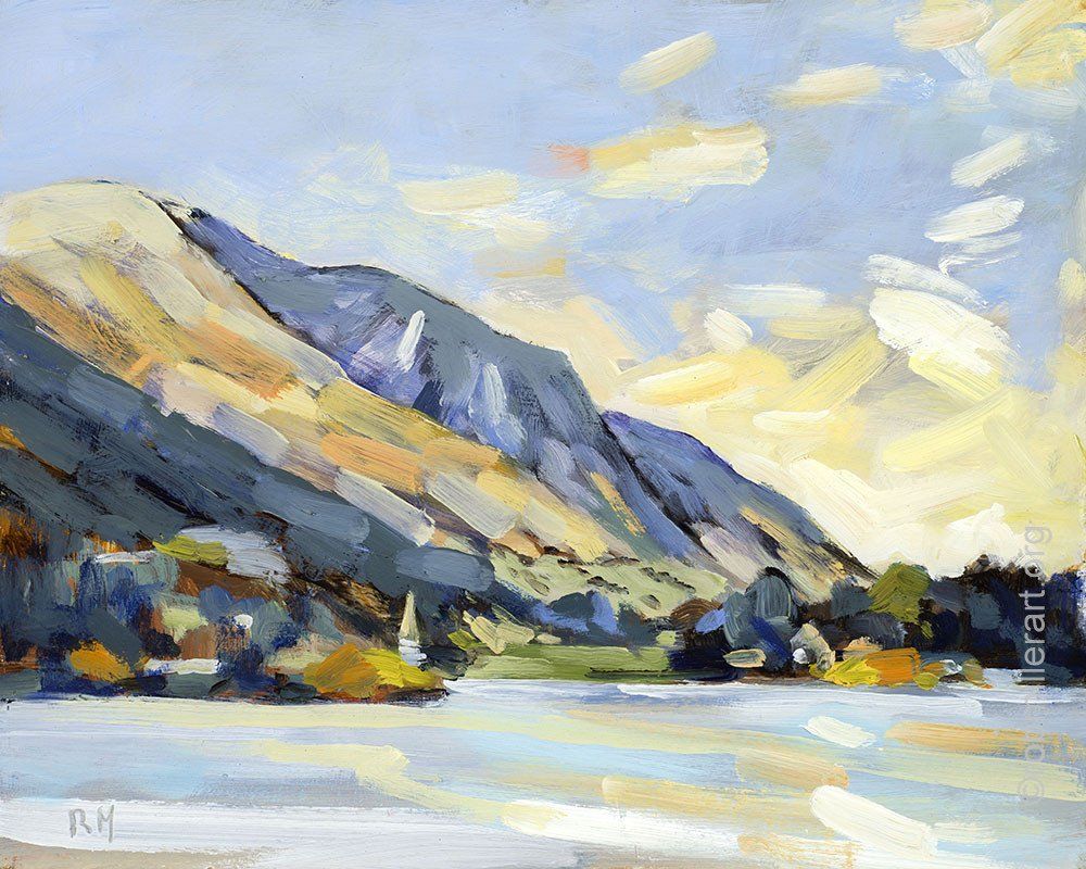 It is a painting of a lake with mountains in the background.