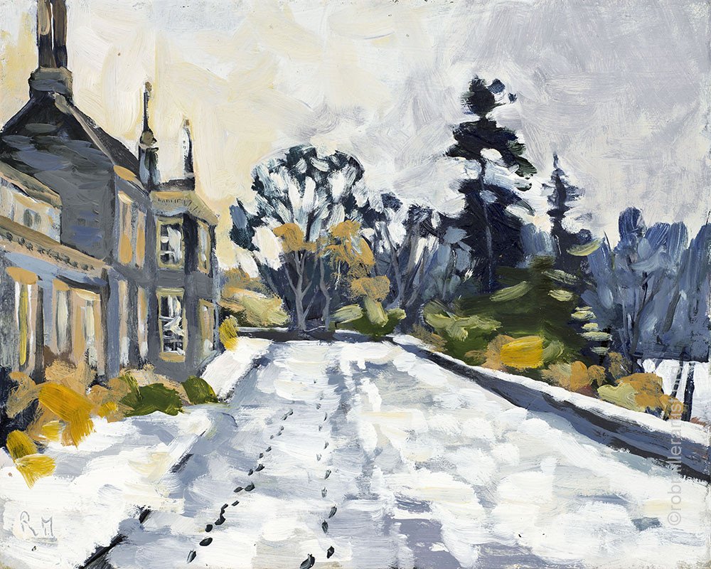 A painting of a snowy road with a house in the background