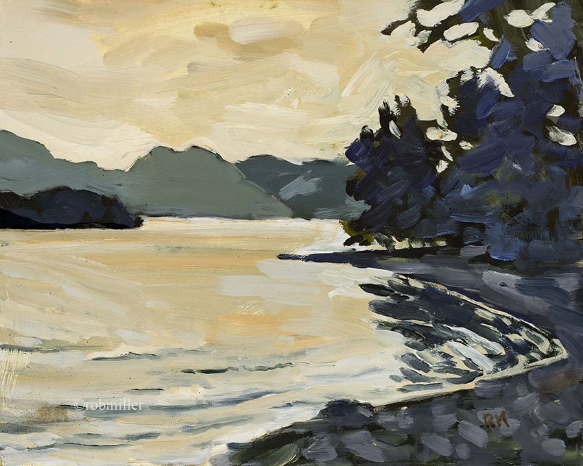 A painting of a lake with mountains in the background