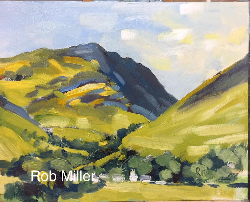 A painting of a mountain valley by rob miller