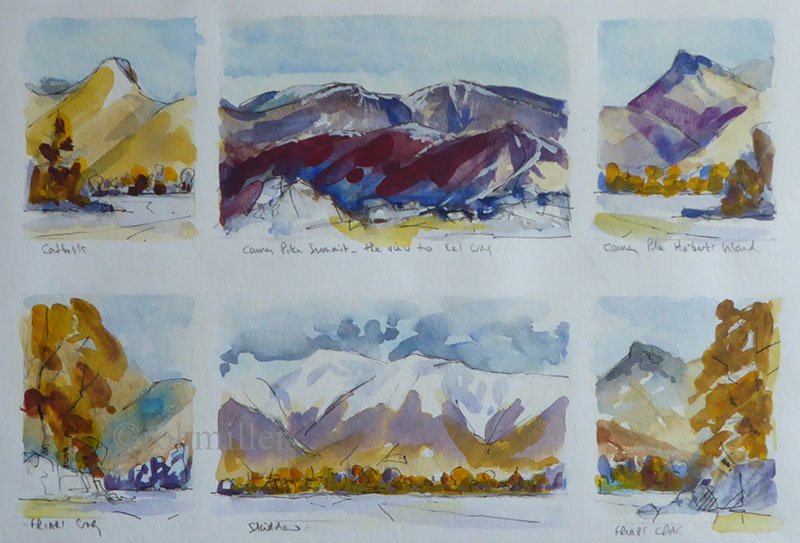 Six watercolor paintings of mountains and trees on a white background